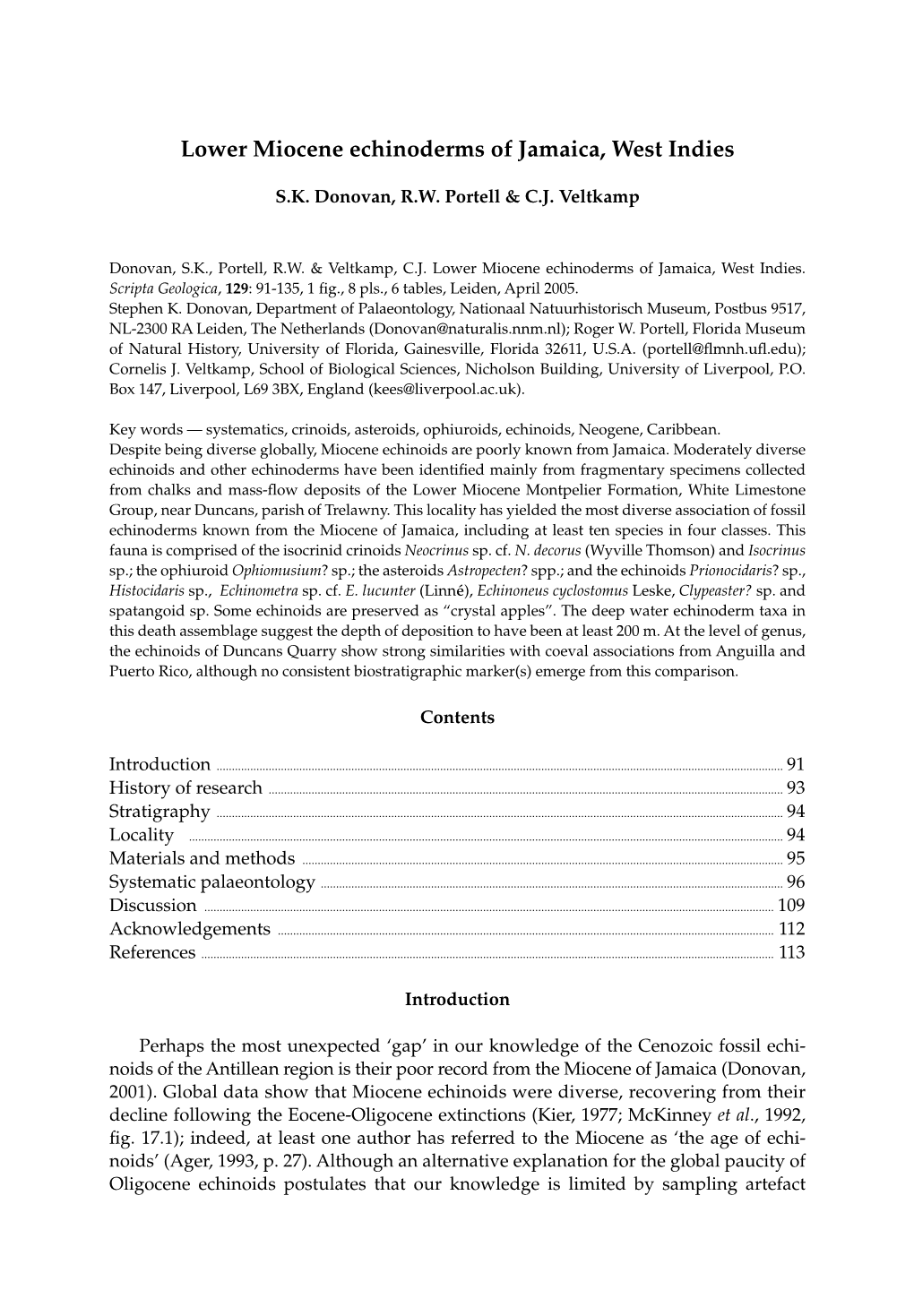 Lower Miocene Echinoderms of Jamaica, West Indies