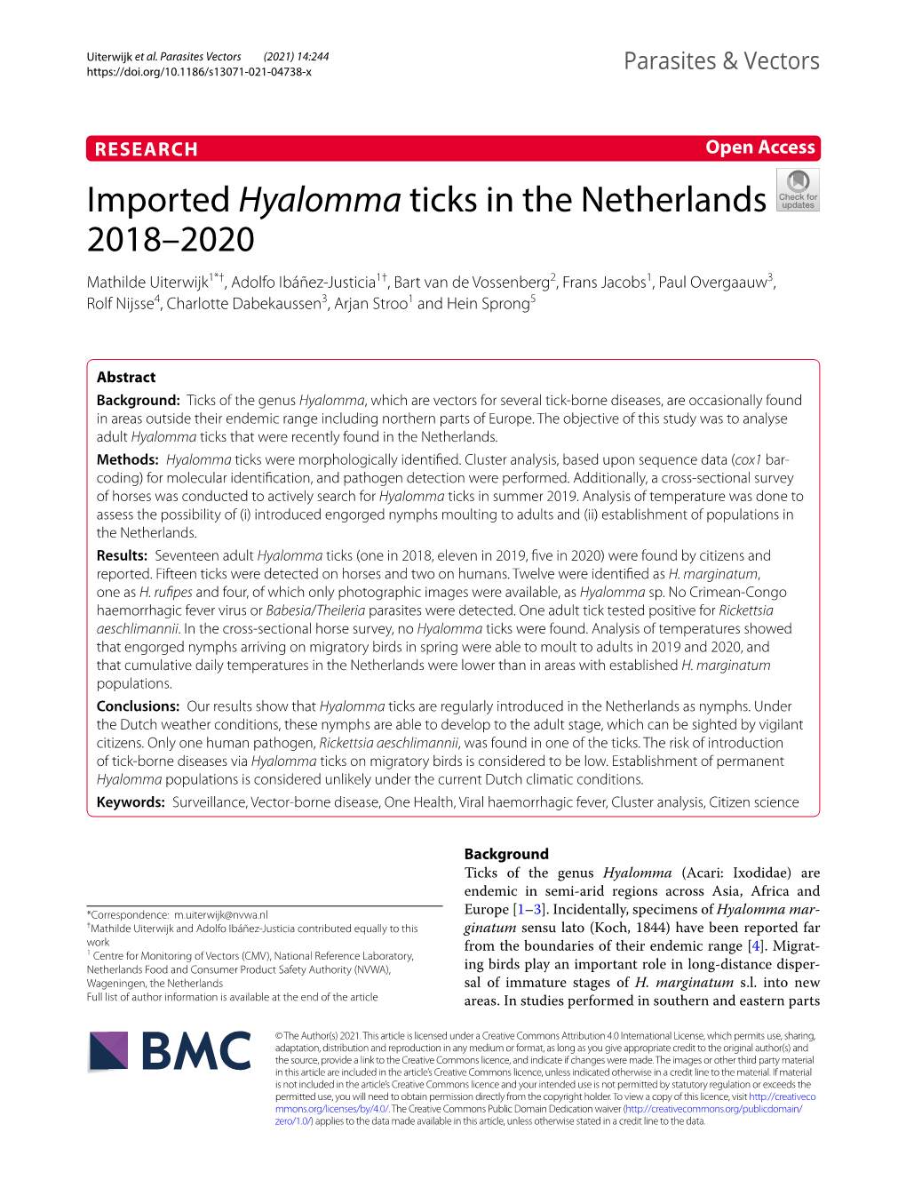 Imported Hyalomma Ticks in the Netherlands 2018–2020