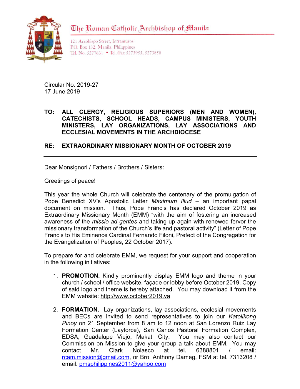 Circular Letter for the Extraordinary Missionary Month of October 2019