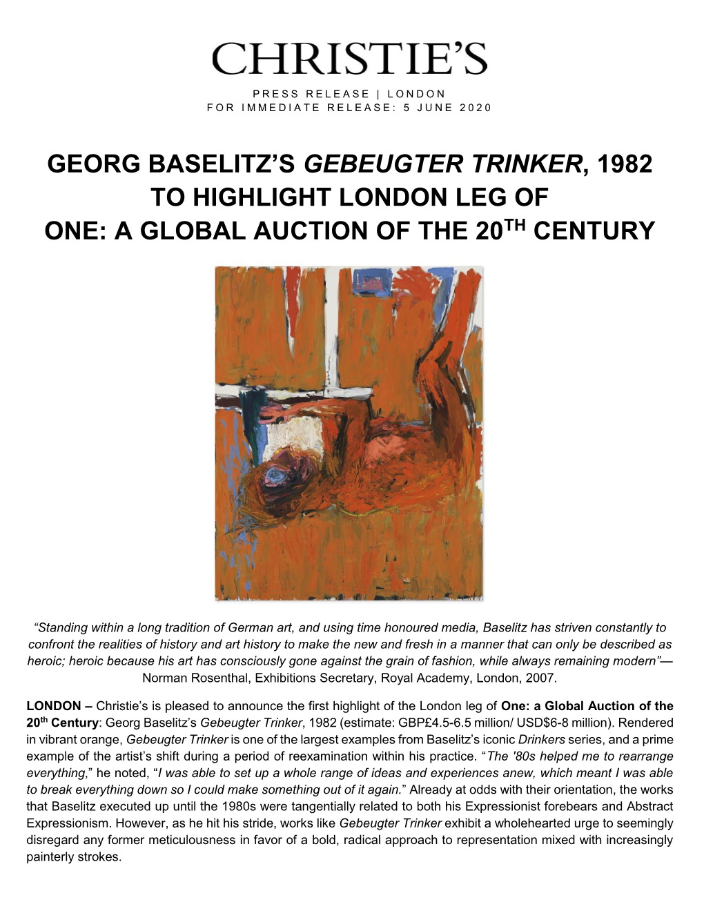 Georg Baselitz's Gebeugter Trinker, 1982 To