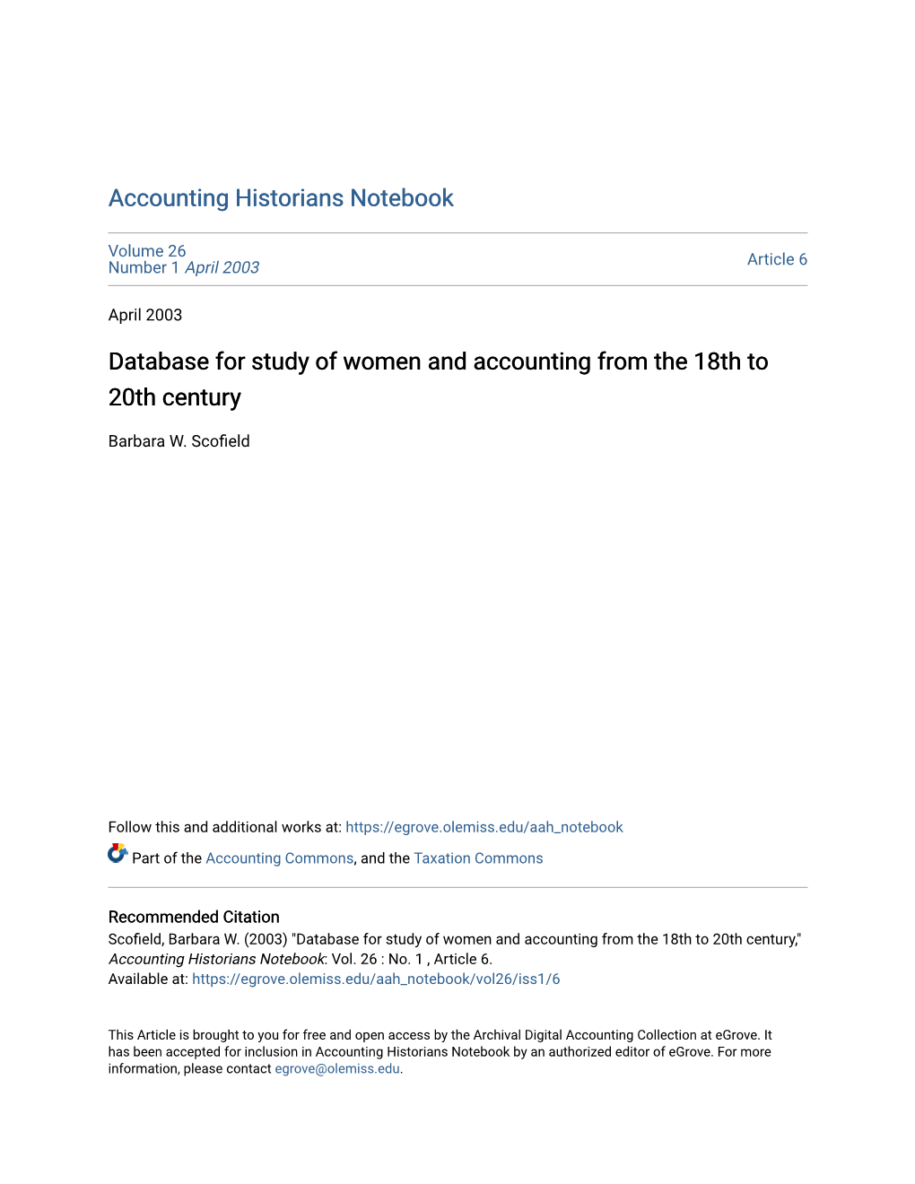 Database for Study of Women and Accounting from the 18Th to 20Th Century