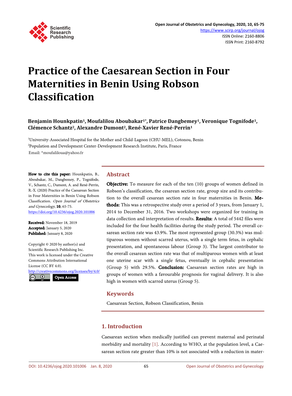 Practice of the Caesarean Section in Four Maternities in Benin Using Robson Classification