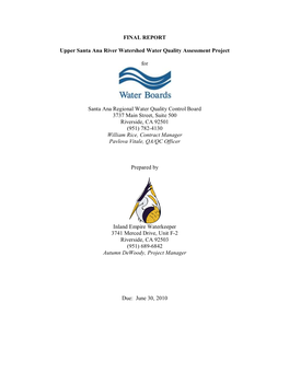 FINAL REPORT Upper Santa Ana River Watershed Water Quality Assessment Project for Santa Ana Regional Water Qu