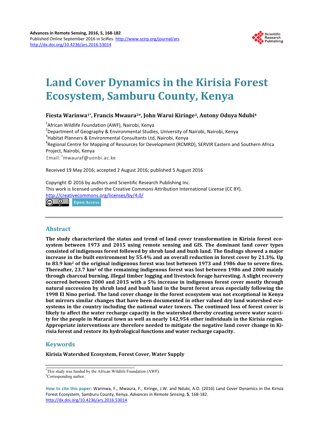 Land Cover Dynamics in the Kirisia Forest Ecosystem, Samburu County, Kenya