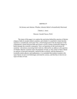 ABSTRACT on Science and Atheism: Whether Atheistic Belief Is