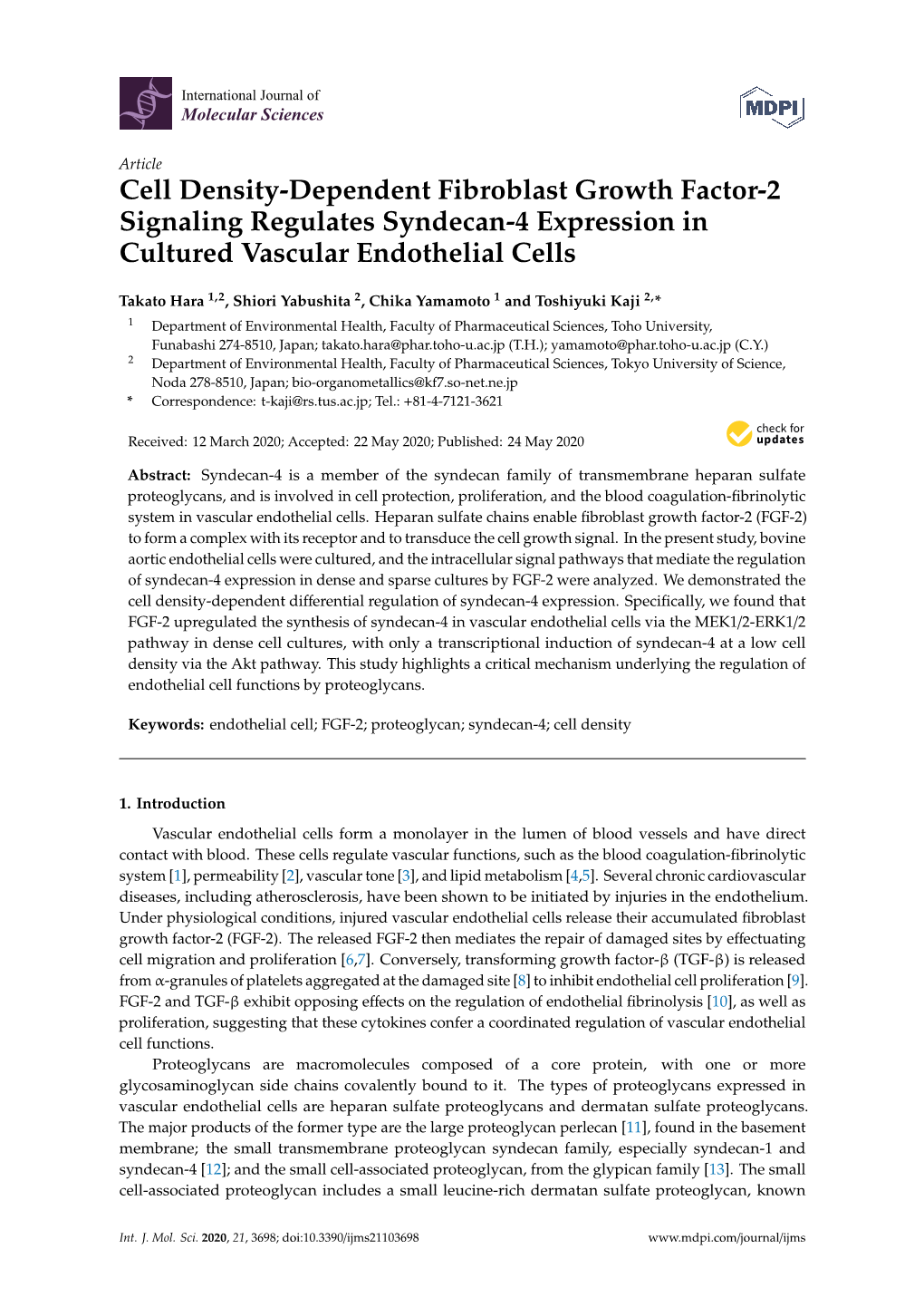 Cell Density-Dependent Fibroblast Growth Factor-2 Signaling Regulates Syndecan-4 Expression in Cultured Vascular Endothelial Cells