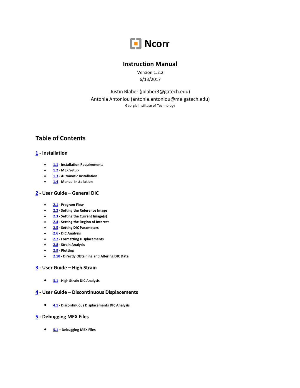 Instruction Manual Table of Contents