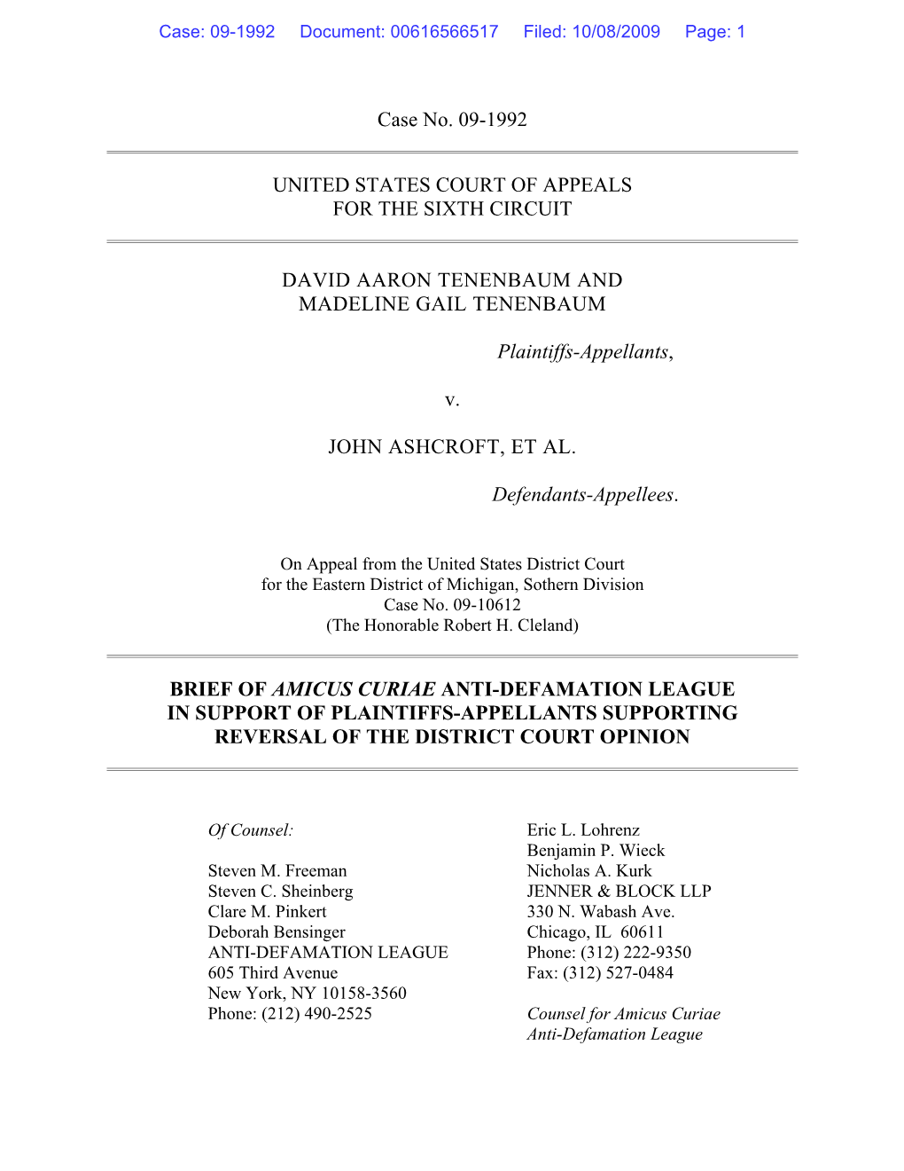 Tenenbaum V. Ashcroft, Et Al. Amicus Brief