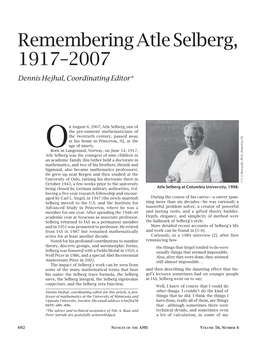 Atle Selberg, 1917–2007 Dennis Hejhal, Coordinating Editor*