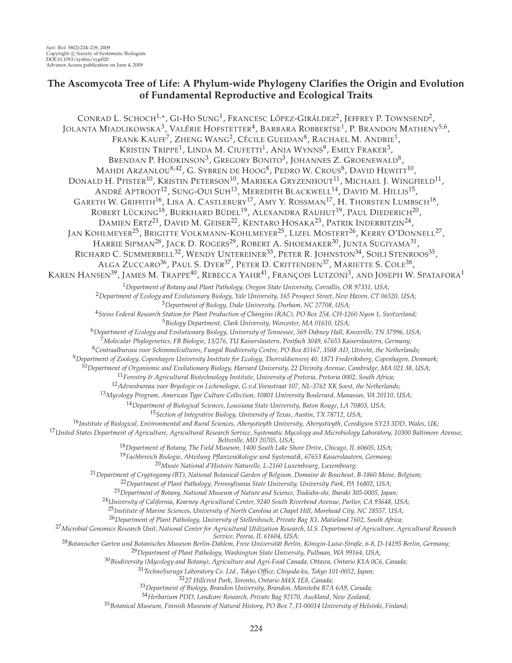 The Ascomycota Tree of Life: a Phylum-Wide Phylogeny Clarifies the Origin and Evolution of Fundamental Reproductive and Ecologic