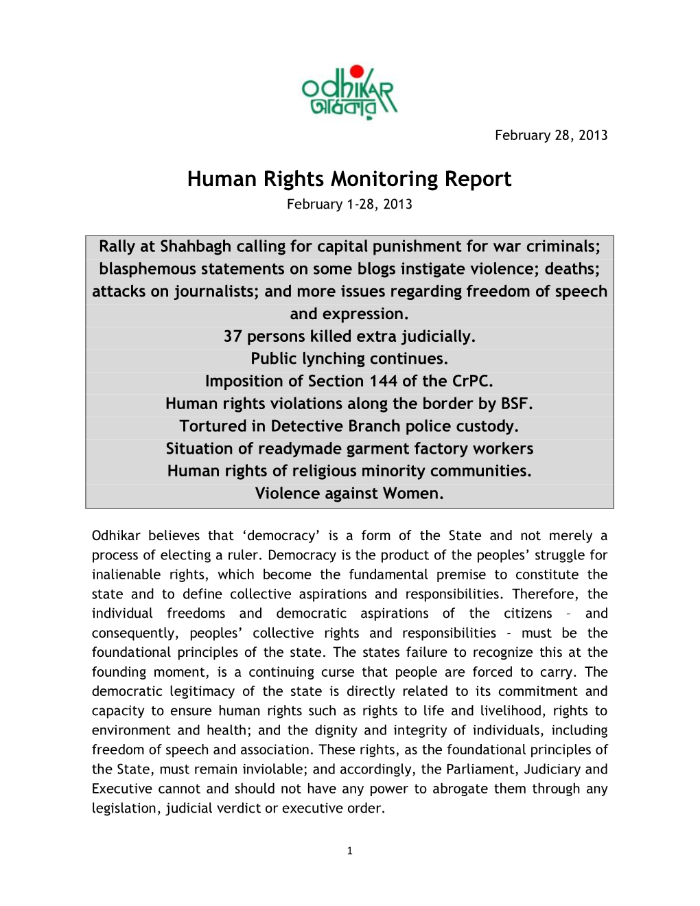 Human Rights Monitoring Report February 1-28, 2013