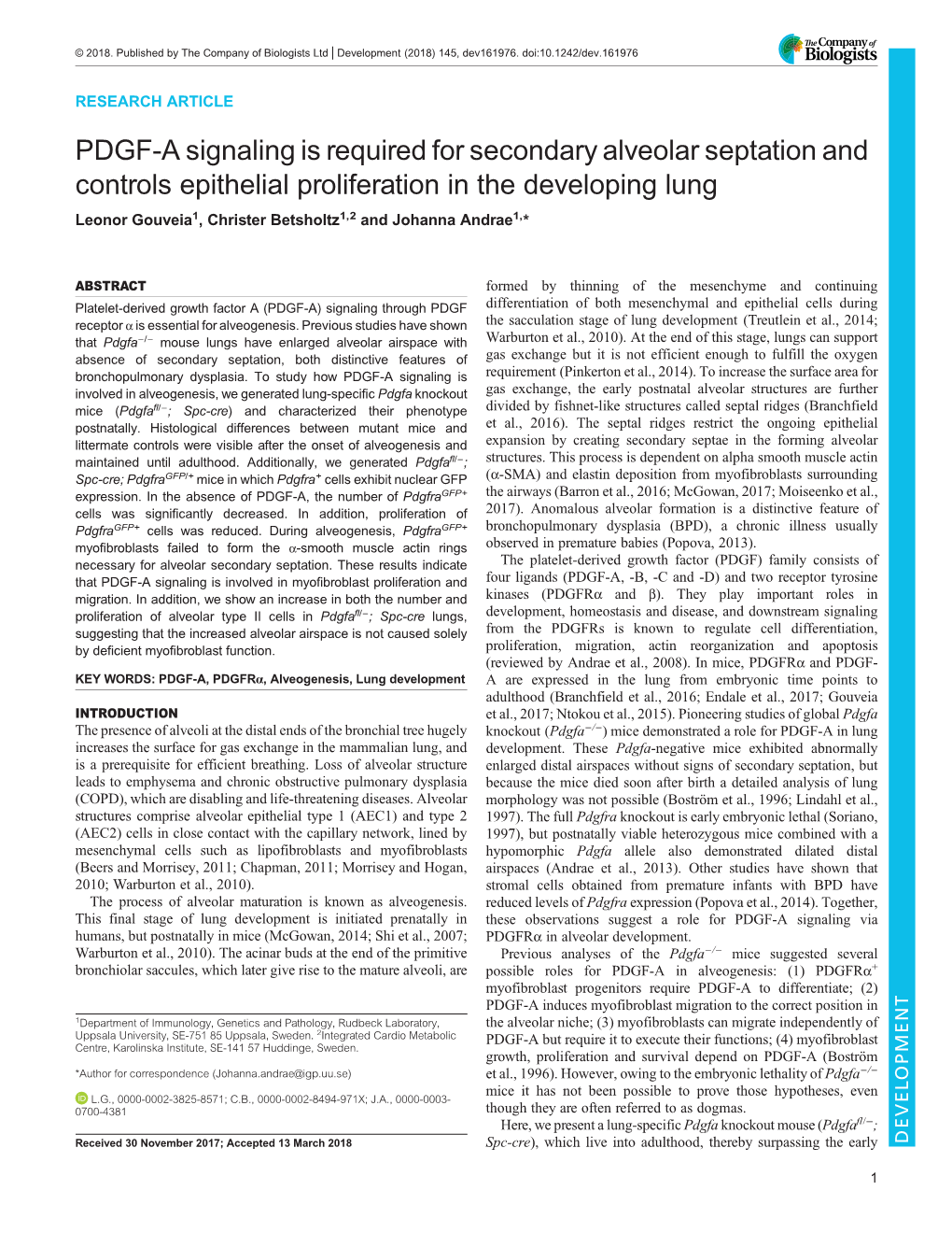 PDGF-A Signaling Is Required for Secondary Alveolar Septation And