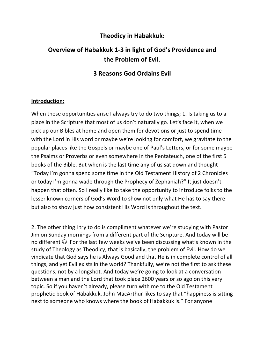 Overview of Habakkuk 1-3 in Light of God's Providence and the Problem