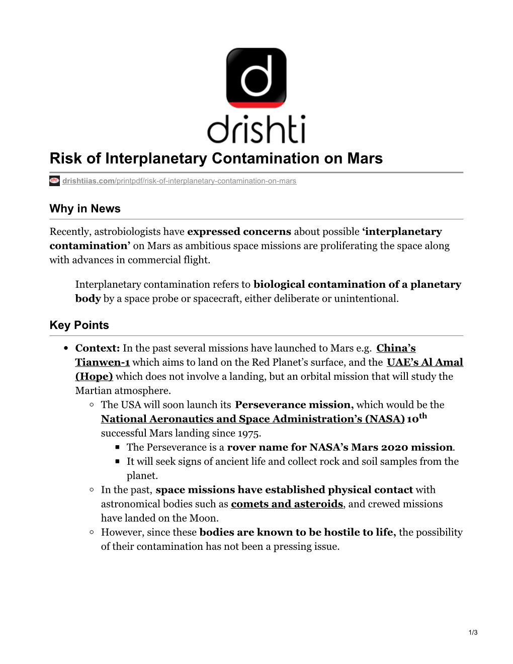 Risk of Interplanetary Contamination on Mars