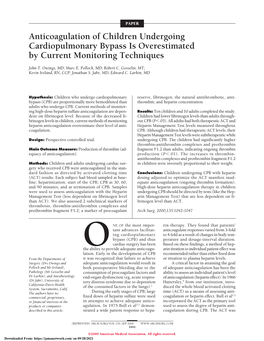 Anticoagulation of Children Undergoing Cardiopulmonary Bypass Is Overestimated by Current Monitoring Techniques
