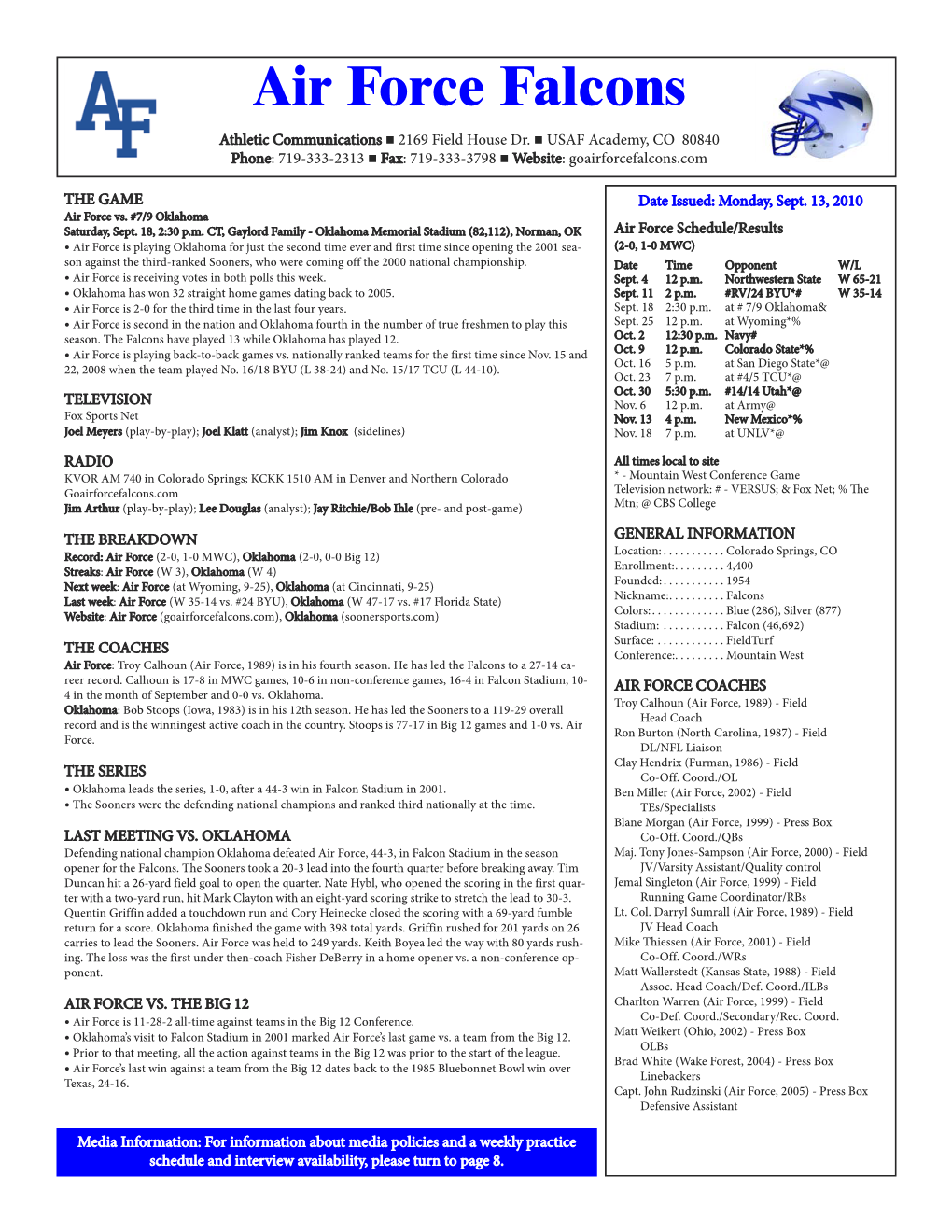 AF Football Release at Oklahoma 2010:Layout 1.Qxd