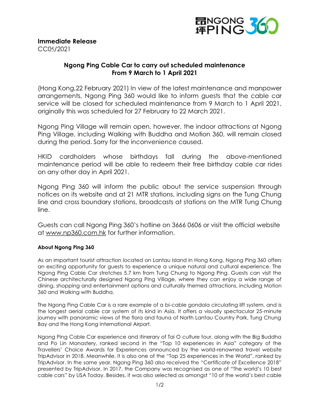 Immediate Release CC05/2021 Ngong Ping Cable Car to Carry Out