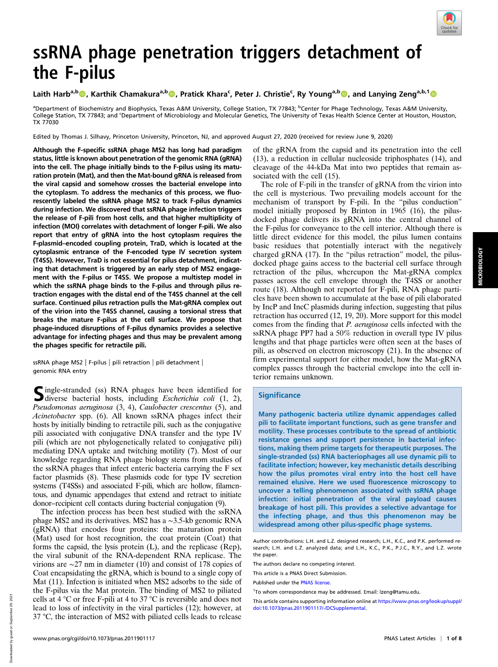 Ssrna Phage Penetration Triggers Detachment of the F-Pilus