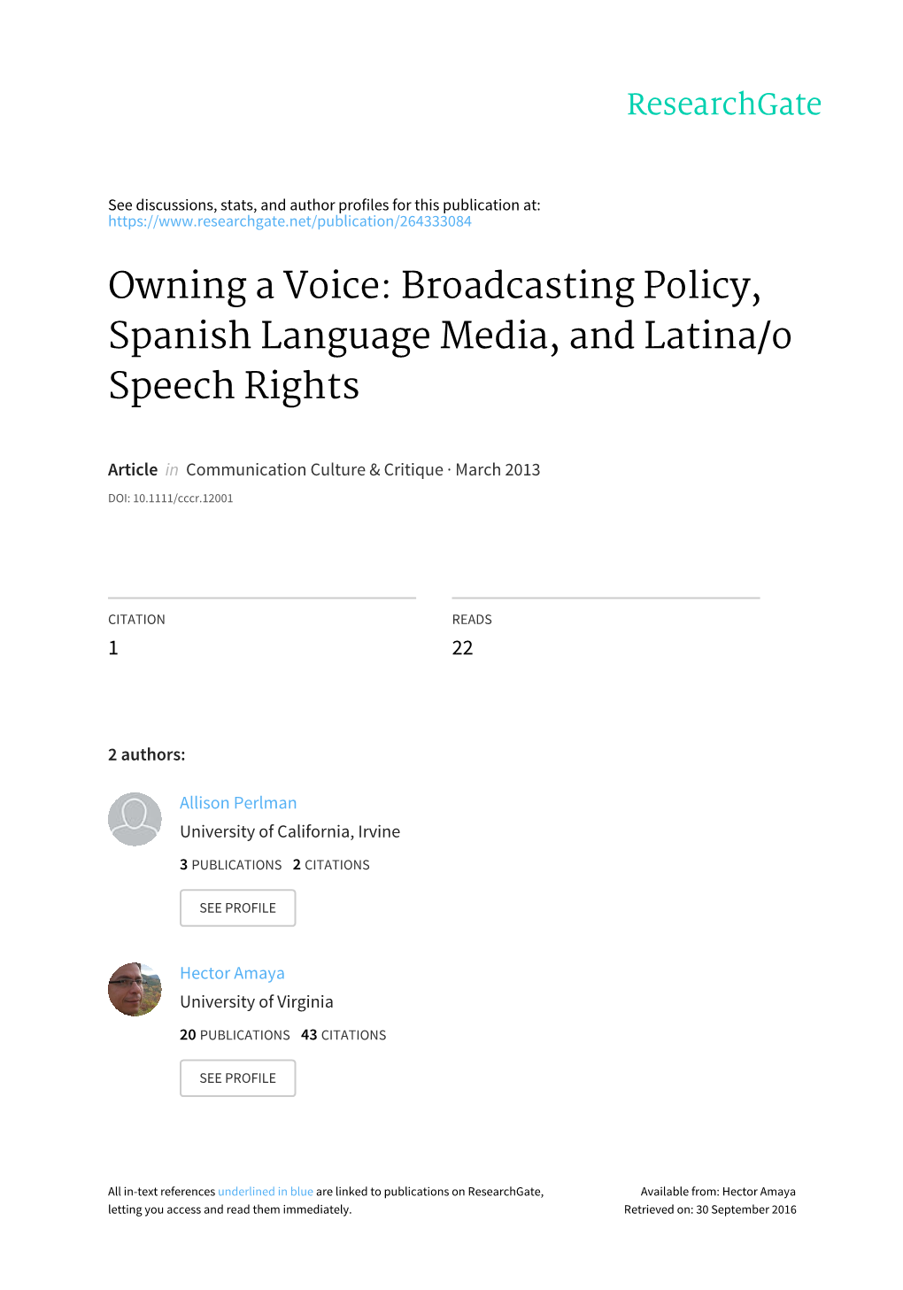 Owning a Voice: Broadcasting Policy, Spanish Language Media, and Latina/O Speech Rights