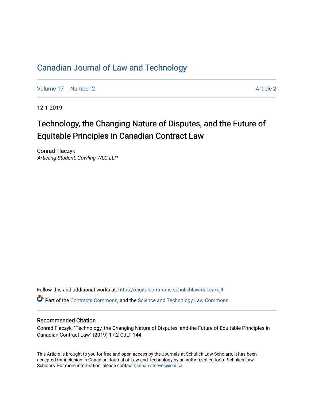 Technology, the Changing Nature of Disputes, and the Future of Equitable Principles in Canadian Contract Law