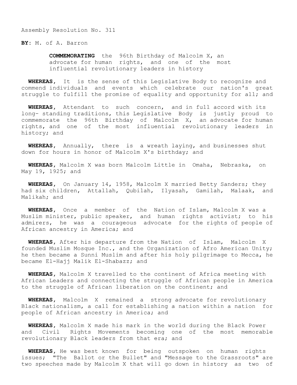 Assembly Resolution No. 311 M. of A. Barron BY: the 96Th Birthday