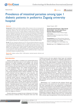 Prevalence of Intestinal Parasites Among Type 1 Diabetic Patients in Pediatrics Zagazig University Hospital