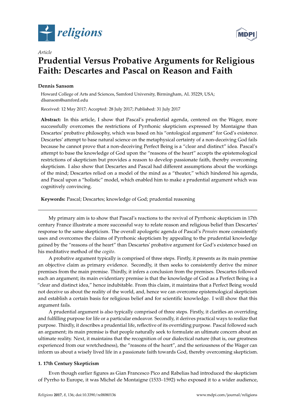 Descartes and Pascal on Reason and Faith