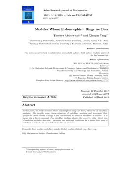 Modules Whose Endomorphism Rings Are Baer Abstract