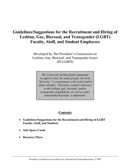 Guidelines/Suggestions for the Recruitment and Hiring of Lesbian, Gay, Bisexual, and Transgender (LGBT) Faculty, Staff, and Student Employees