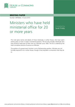 Ministers Who Have Held Ministerial Office for 20 Or More Years