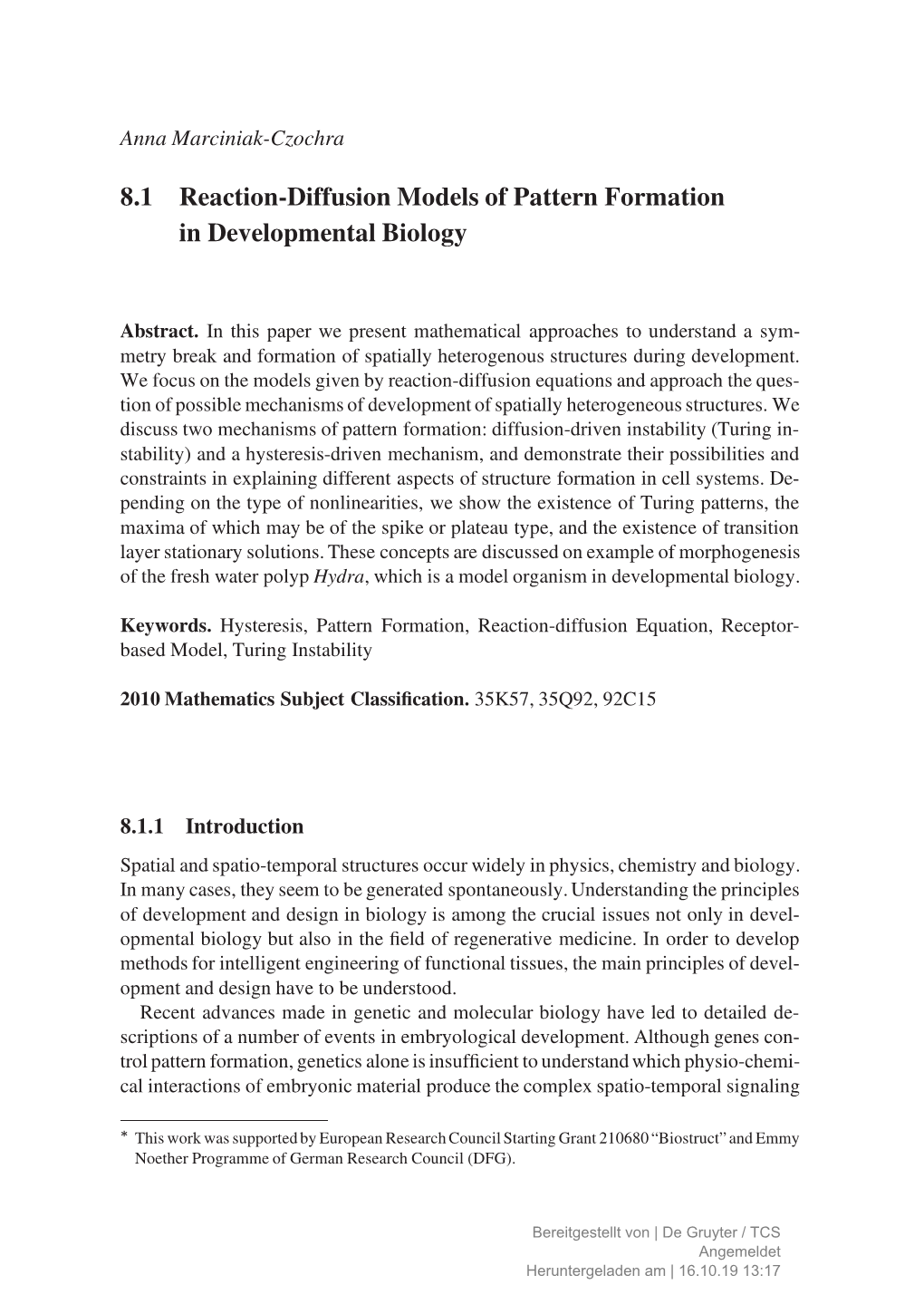 8.1 Reaction-Diffusion Models of Pattern Formation in Developmental Biology