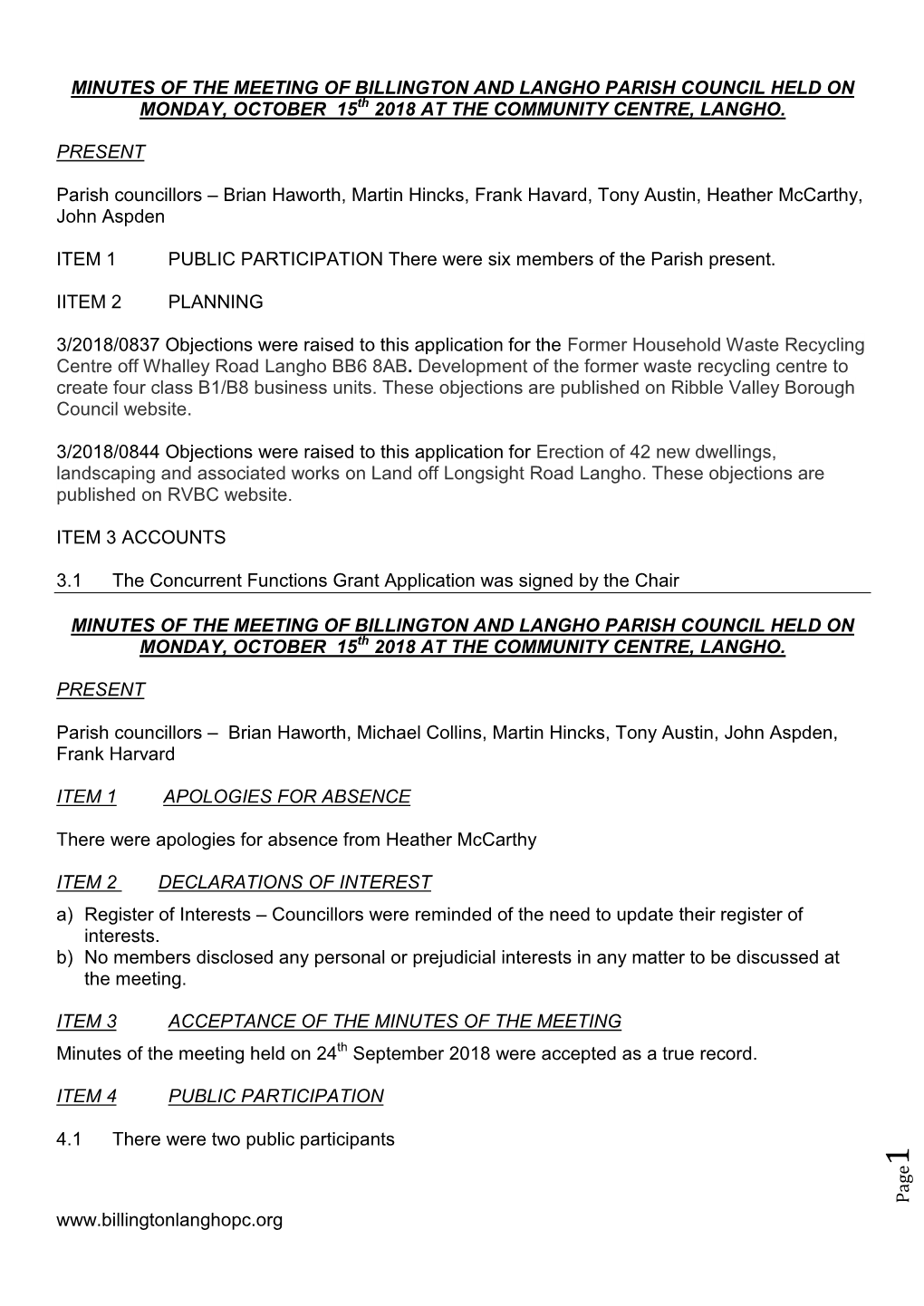 Minutes of the Meetingof Billington and Langho