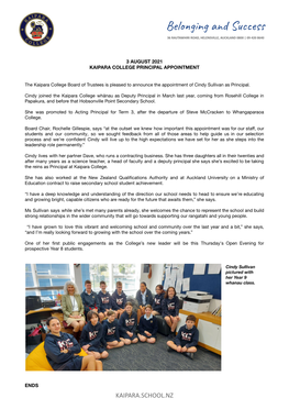 Media Release Kaipara College Principal Appointment