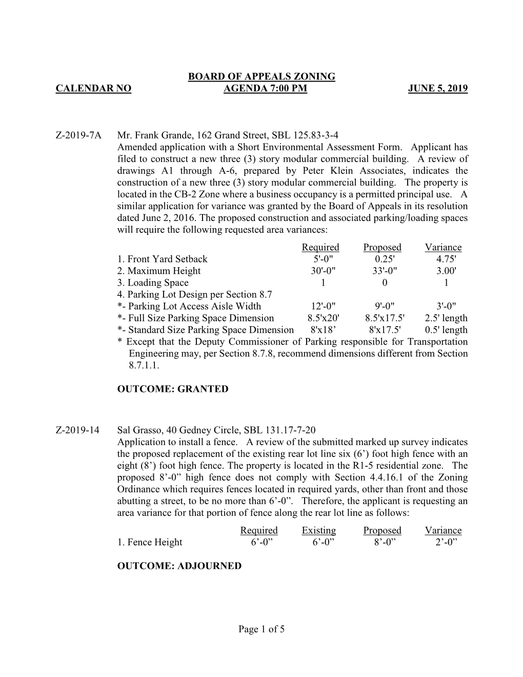 Of 5 BOARD of APPEALS ZONING CALENDAR NO AGENDA 7:00 PM