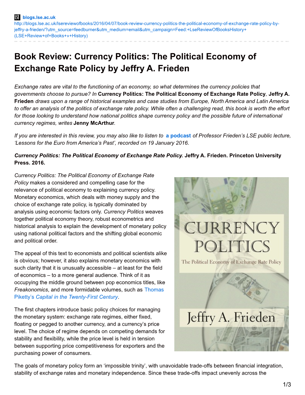 Book Review: Currency Politics: the Political Economy of Exchange Rate Policy by Jeffry A