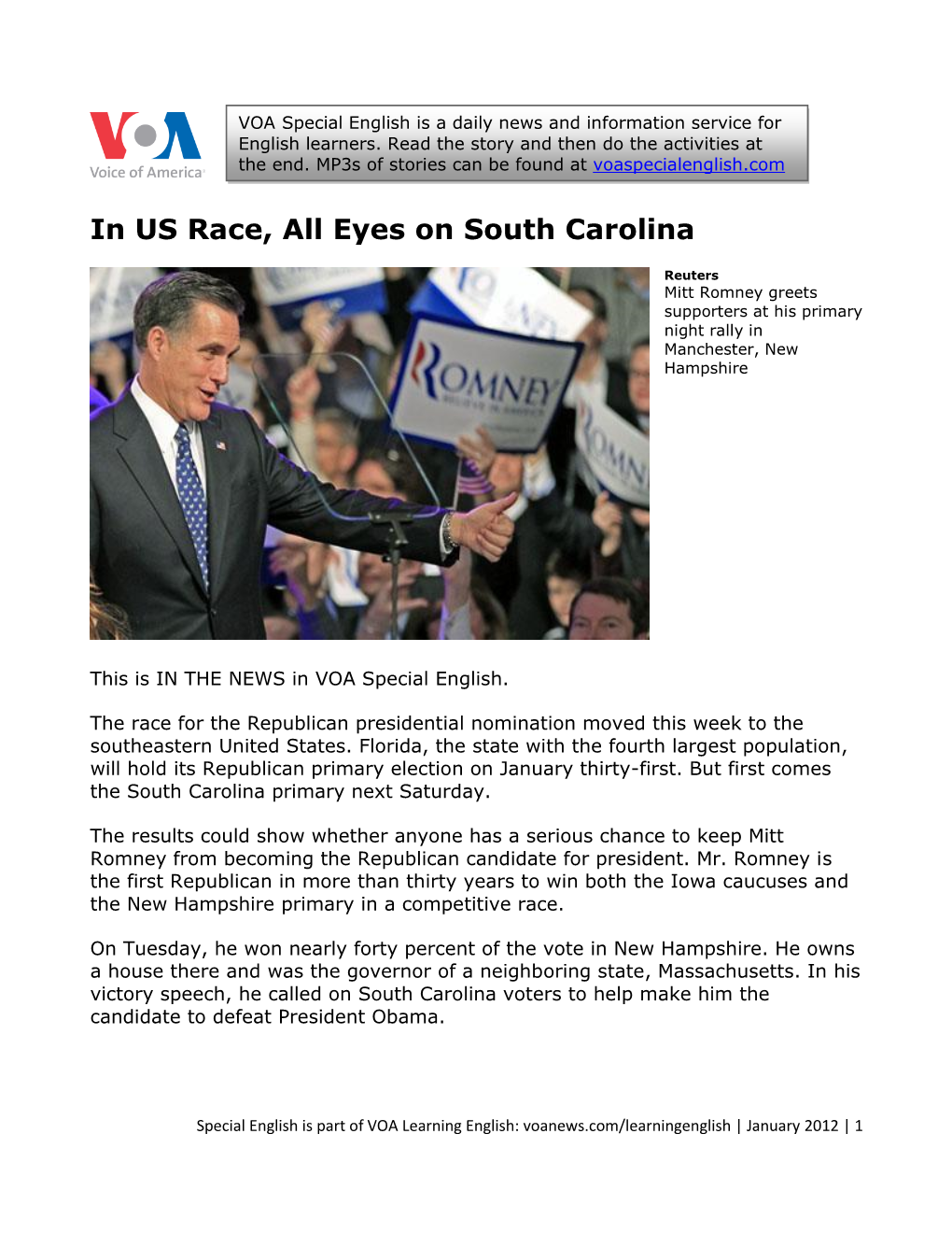 In US Race, All Eyes on South Carolina