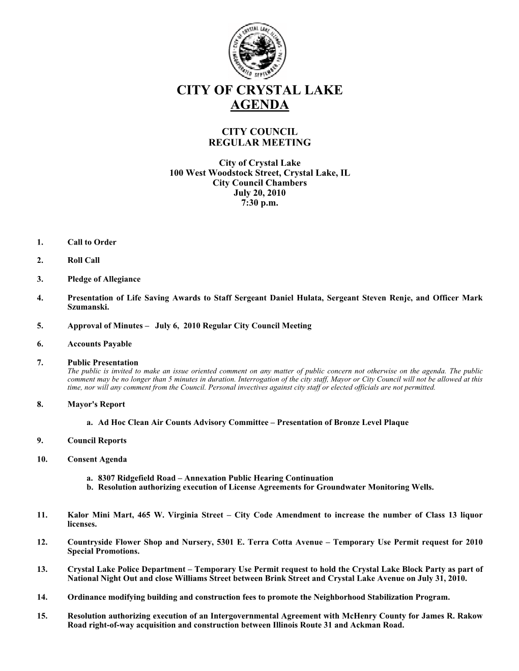 City of Crystal Lake Agenda