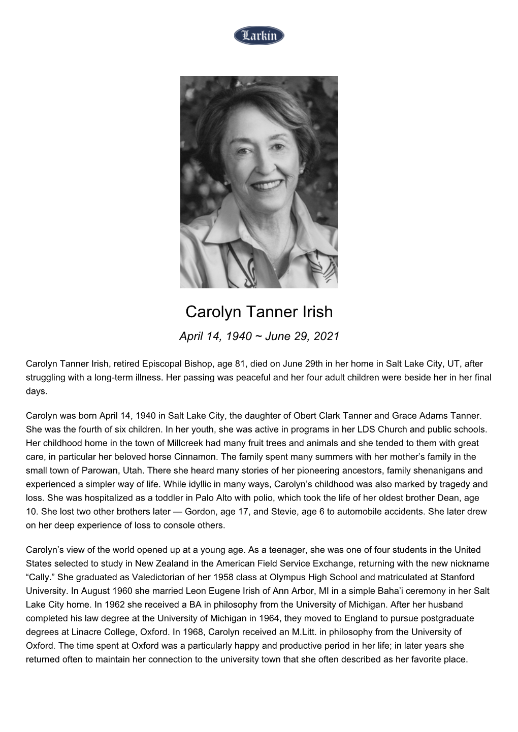 Carolyn Tanner Irish April 14, 1940 ~ June 29, 2021