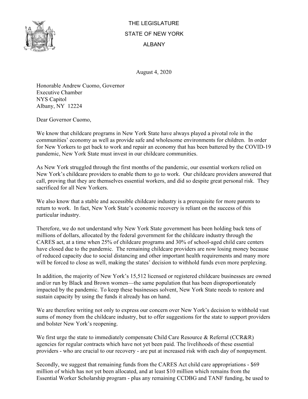 Letter to Governor Cuomo on Child Care Proposals