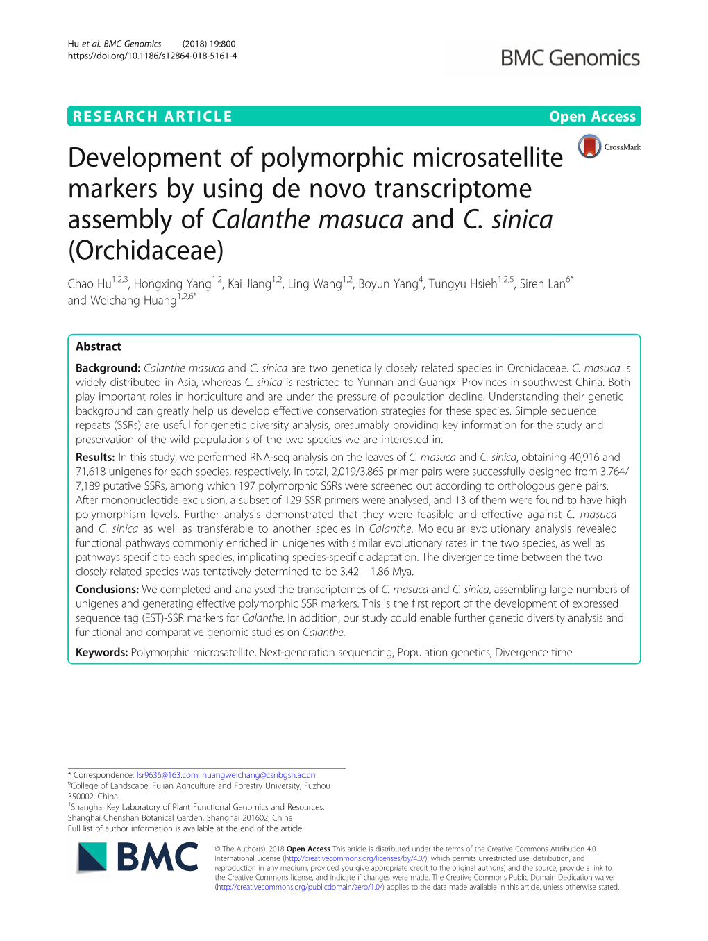 Development of Polymorphic Microsatellite Markers by Using De Novo Transcriptome Assembly of Calanthe Masuca and C