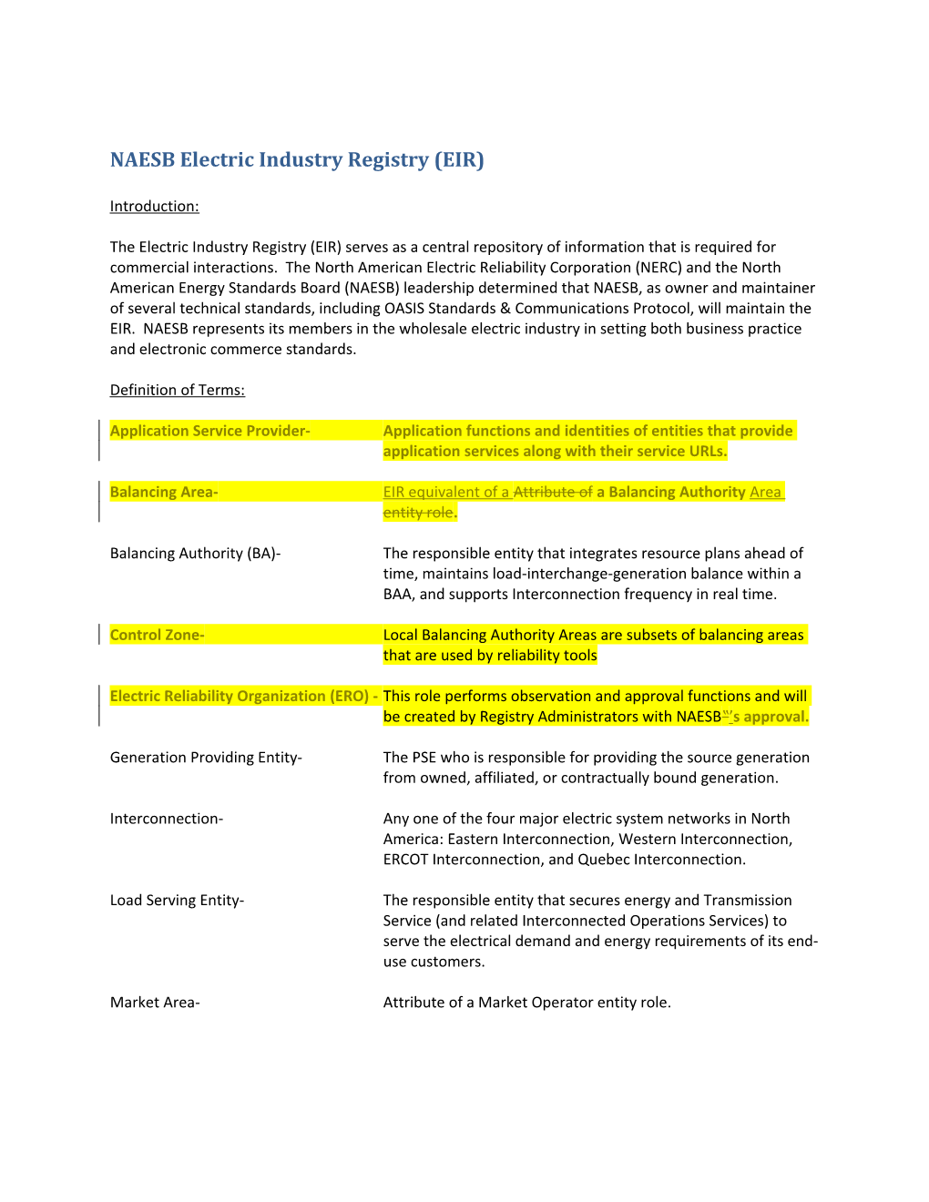 NAESB Electric Industry Registry (EIR)