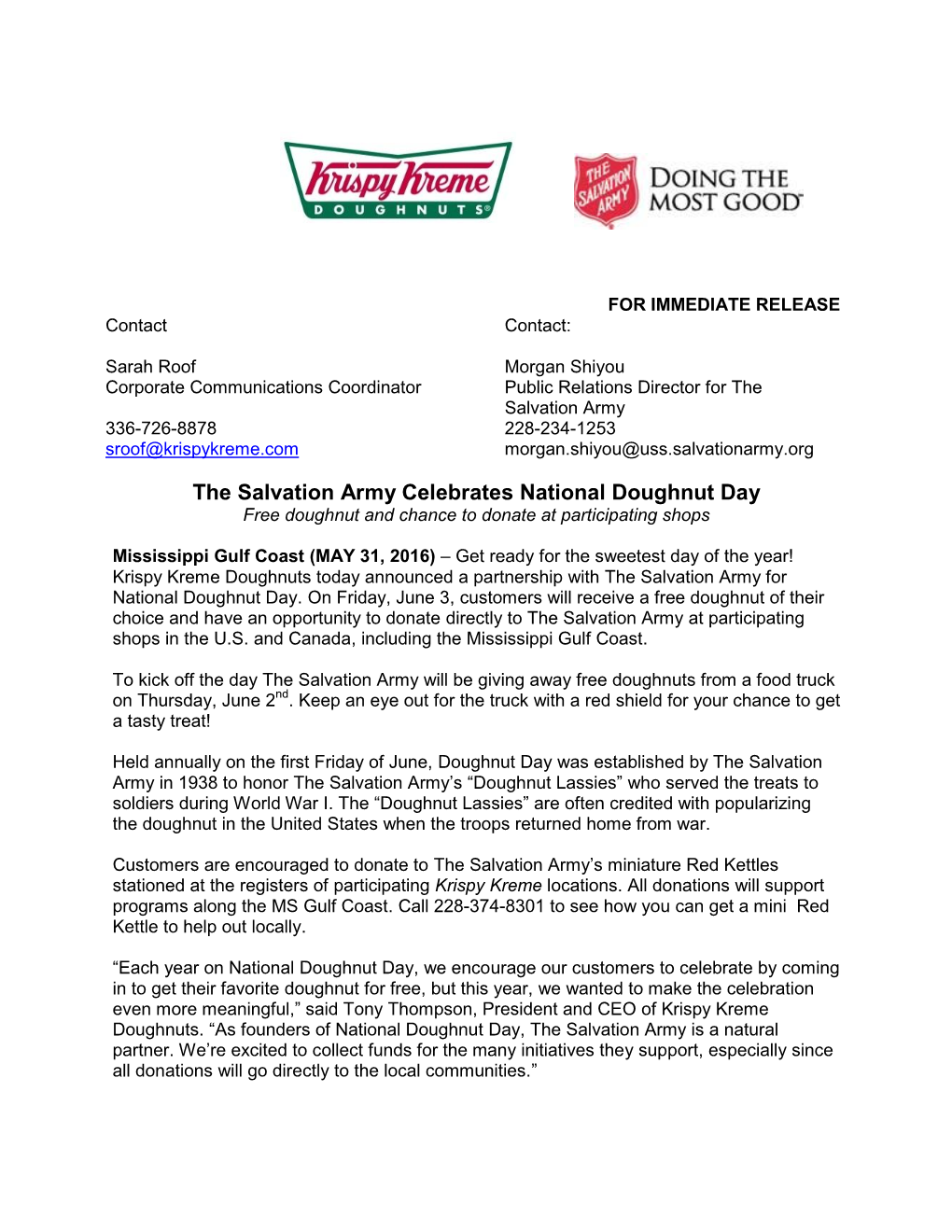 The Salvation Army Celebrates National Doughnut Day Free Doughnut and Chance to Donate at Participating Shops