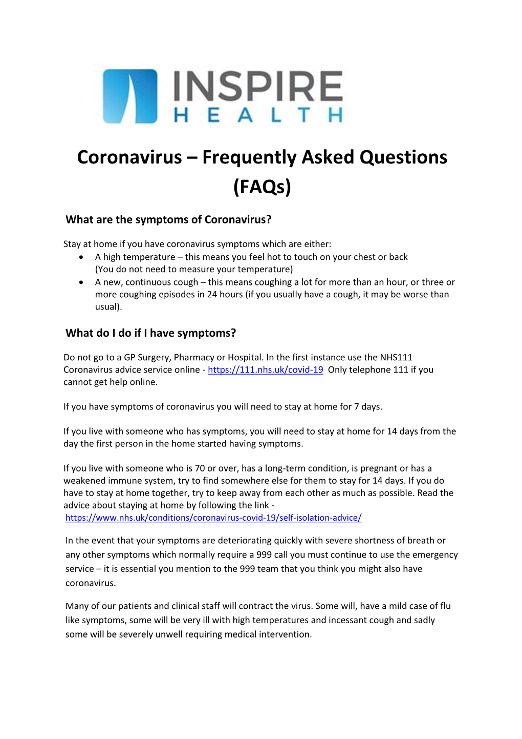 Coronavirus – Frequently Asked Questions (Faqs)