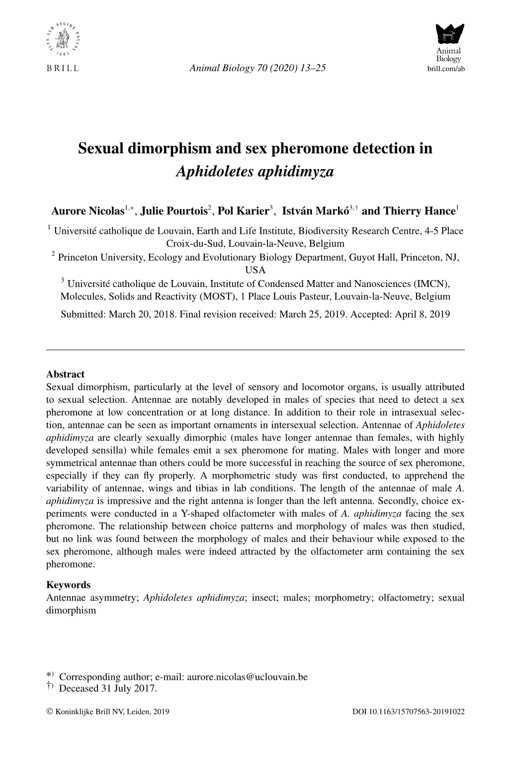 Sexual Dimorphism and Sex Pheromone Detection in Aphidoletes Aphidimyza