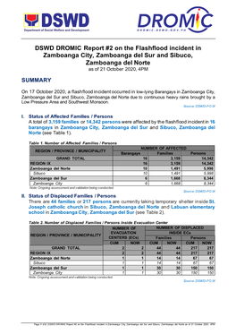 DSWD DROMIC Report #2 on the Flashflood Incident in Zamboanga City, Zamboanga Del Sur and Sibuco, Zamboanga Del Norte As of 21 October 2020, 4PM