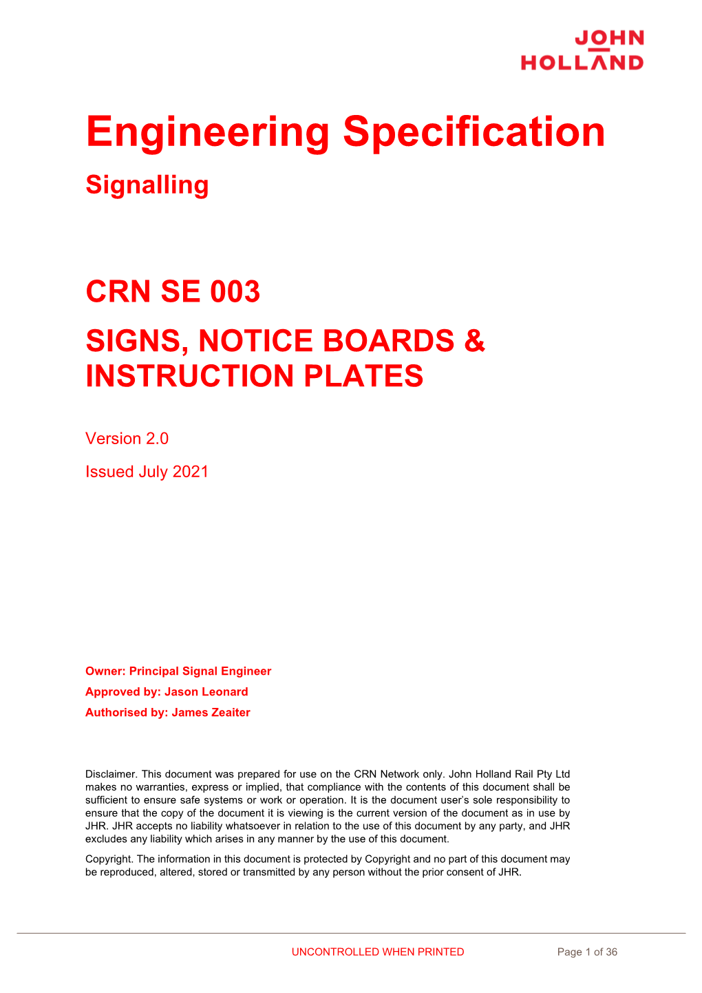 Engineering Specification Signalling