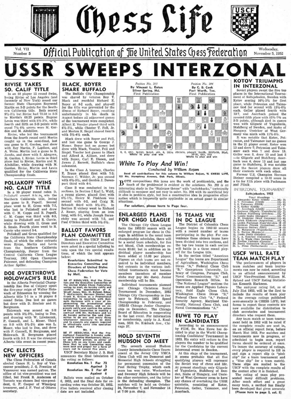 USSR- SWEEPS INTERZONAL KOTOV TRIUMPHS RIVISE TAKES BLACK, BOYER Position No