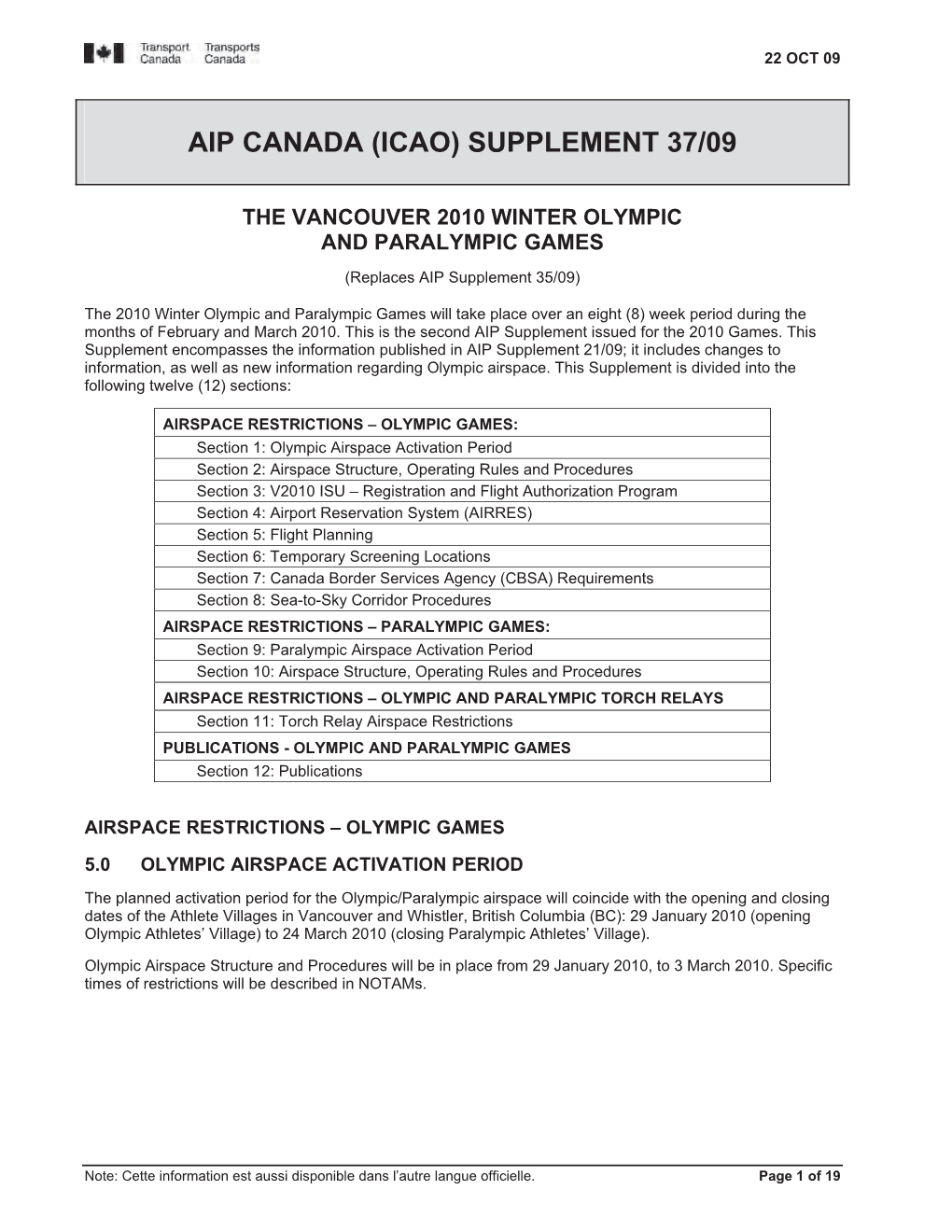 Aip Canada (Icao) Supplement 37/09