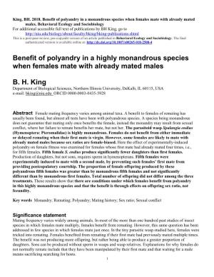 Benefit of Polyandry in a Monandrous Species When Females Mate with Already Mated Males