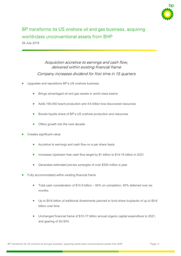 BP Transforms Its US Onshore Oil and Gas Business, Acquiring World-Class Unconventional Assets from BHP 26 July 2018